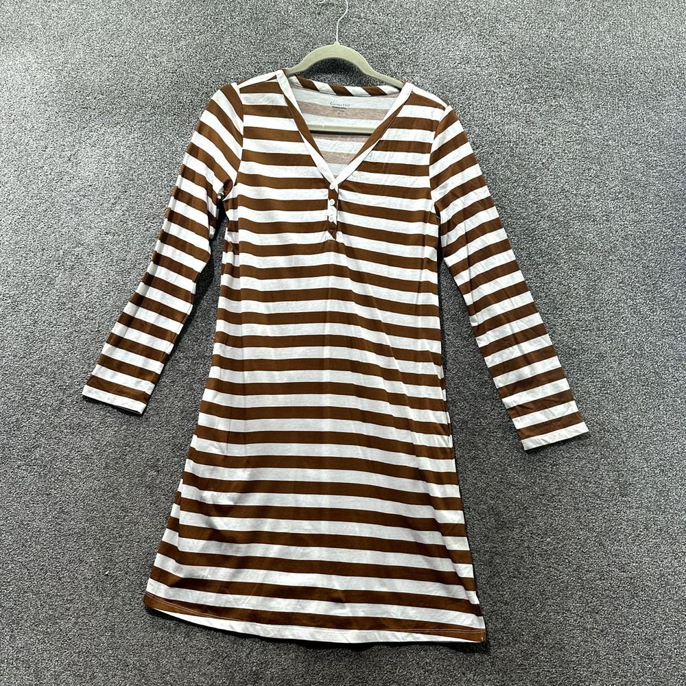 Garnet Hill Green Cotton Shirt Dress XS Brown Striped Long Sleeve V Neck Pockets